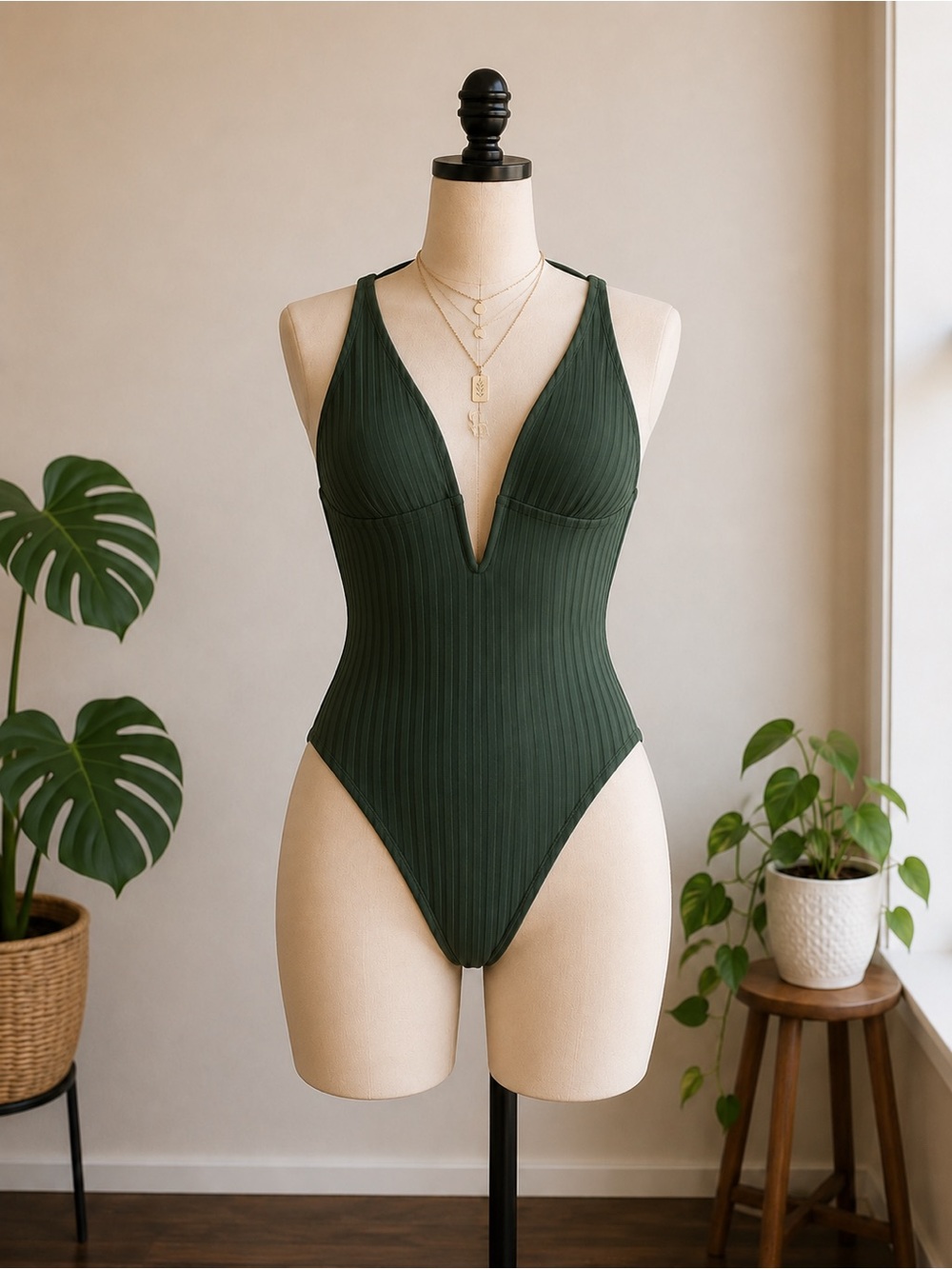 Shade & Shore Olive Green Ribbed Plunge One Piece Swimsuit | Size M